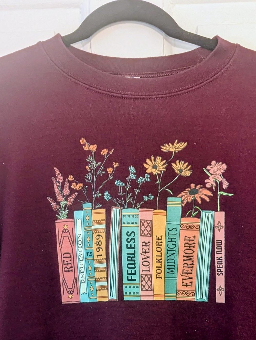 Gildan Maroon Sweatshirt with Multicolor Book Spine Graphic